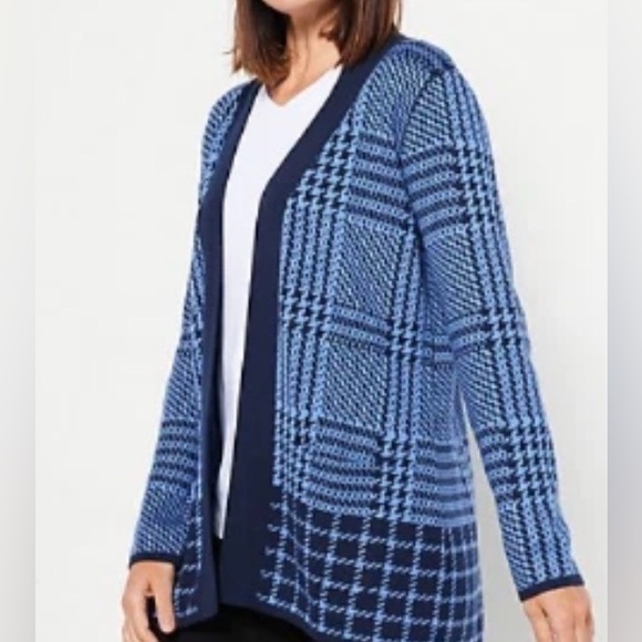 Isaac Mizrahi Sweaters - Isaac Mizrahi Live! Plaid Jacquard Sweater Cardigan Navy Plaid MEDIUM
